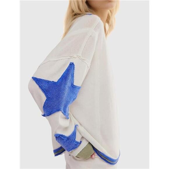 Val Boutique Sweaters - Oversized Cotton Pullover – Lightweight Long Sleeve Crewneck Shirt White & Blue